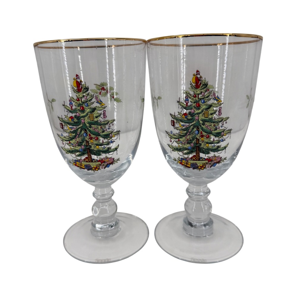 Spode Christmas Tree Goblets Set of 2 Water Wine Clear Gold Trim Holiday